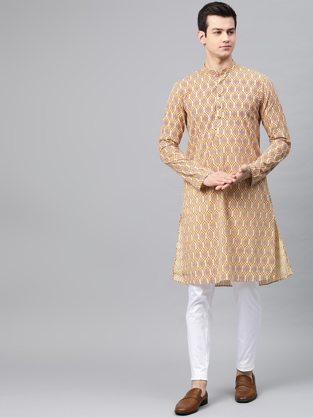 See Designs Men Beige & Maroon Printed Kurta with Pyjamas