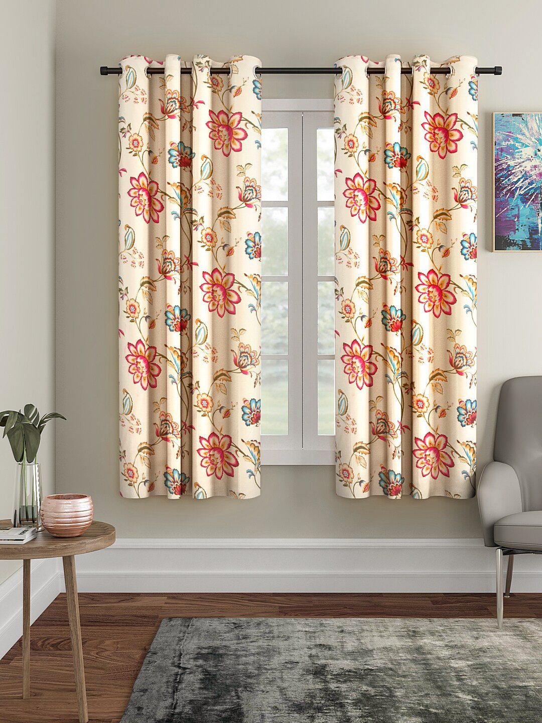 Cortina Cream-Coloured & Red Set of 2 Digital Printed Window Curtains