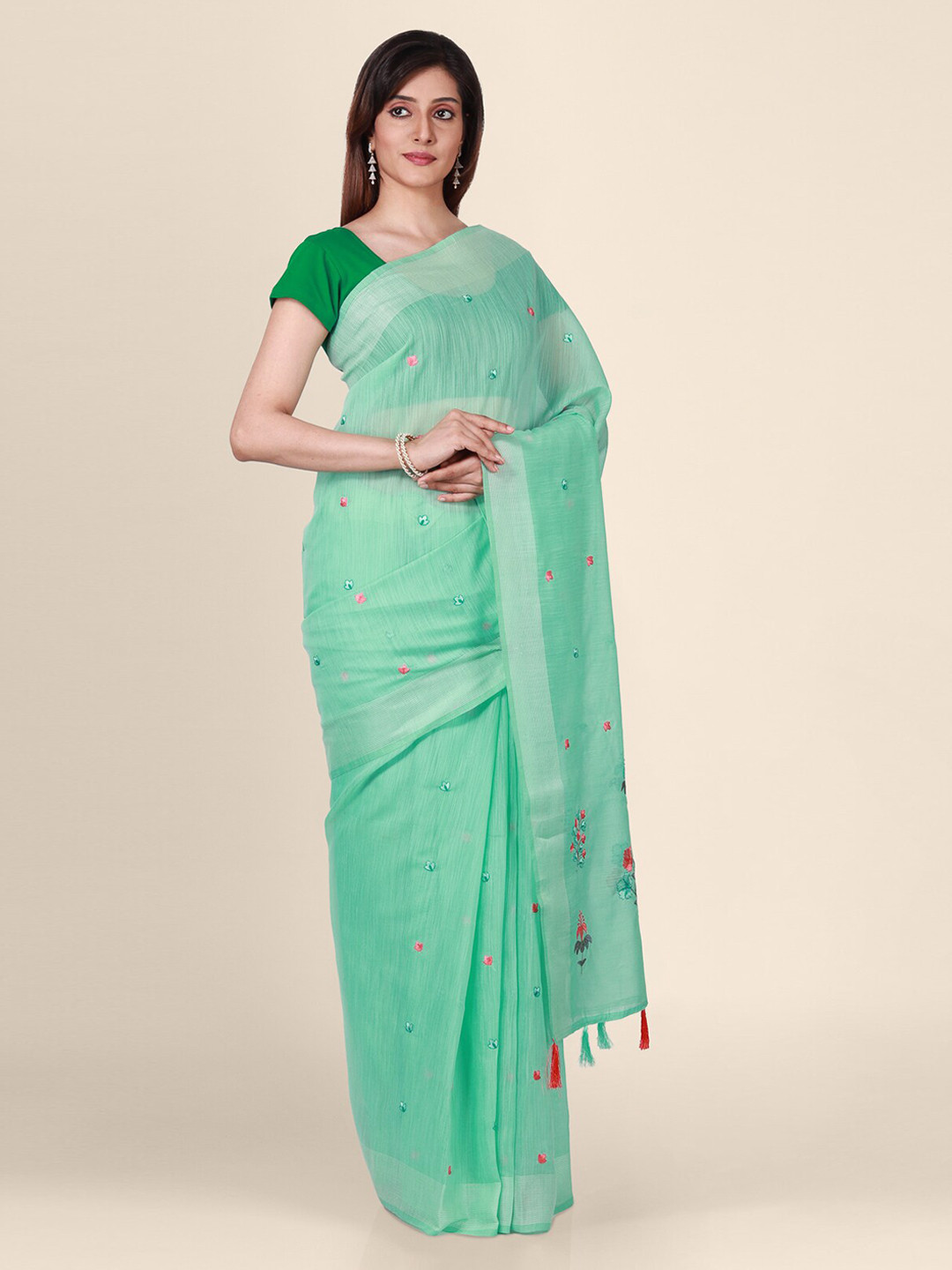 CLAI WORLD Blue & Red Tissue Checked Saree