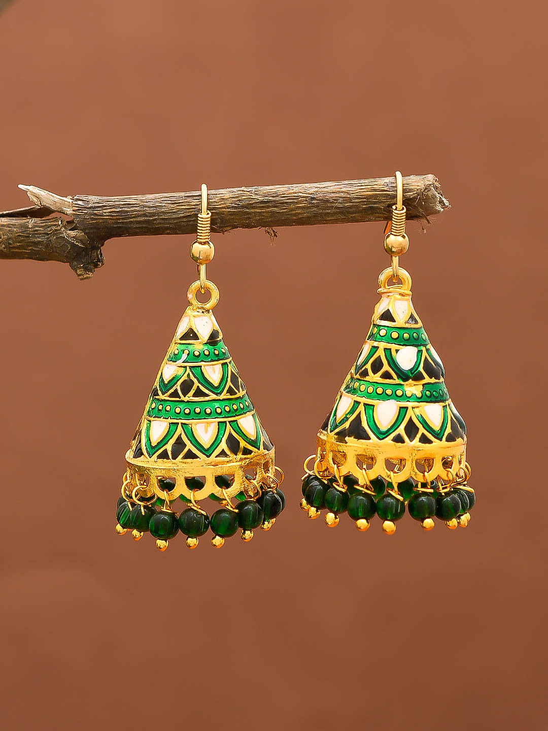 Silvermerc Designs Gold-Plated & Green Filigree Dome Shaped Jhumkas