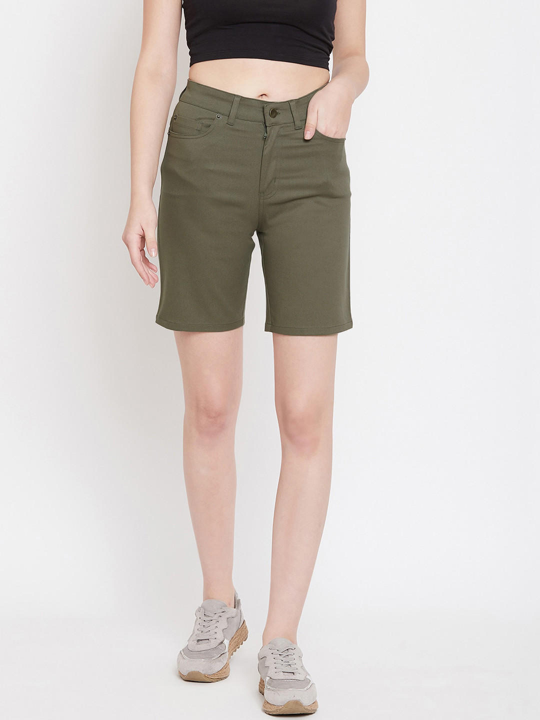 Hypernation Women Olive Green Solid Slim Fit Regular Shorts