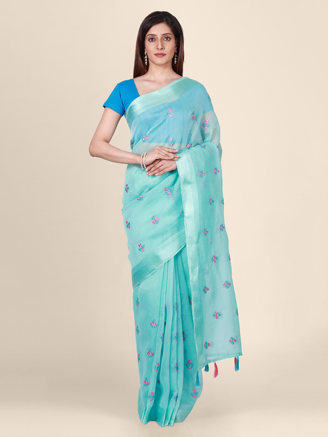 CLAI WORLD Blue Embroidered Tissue Saree