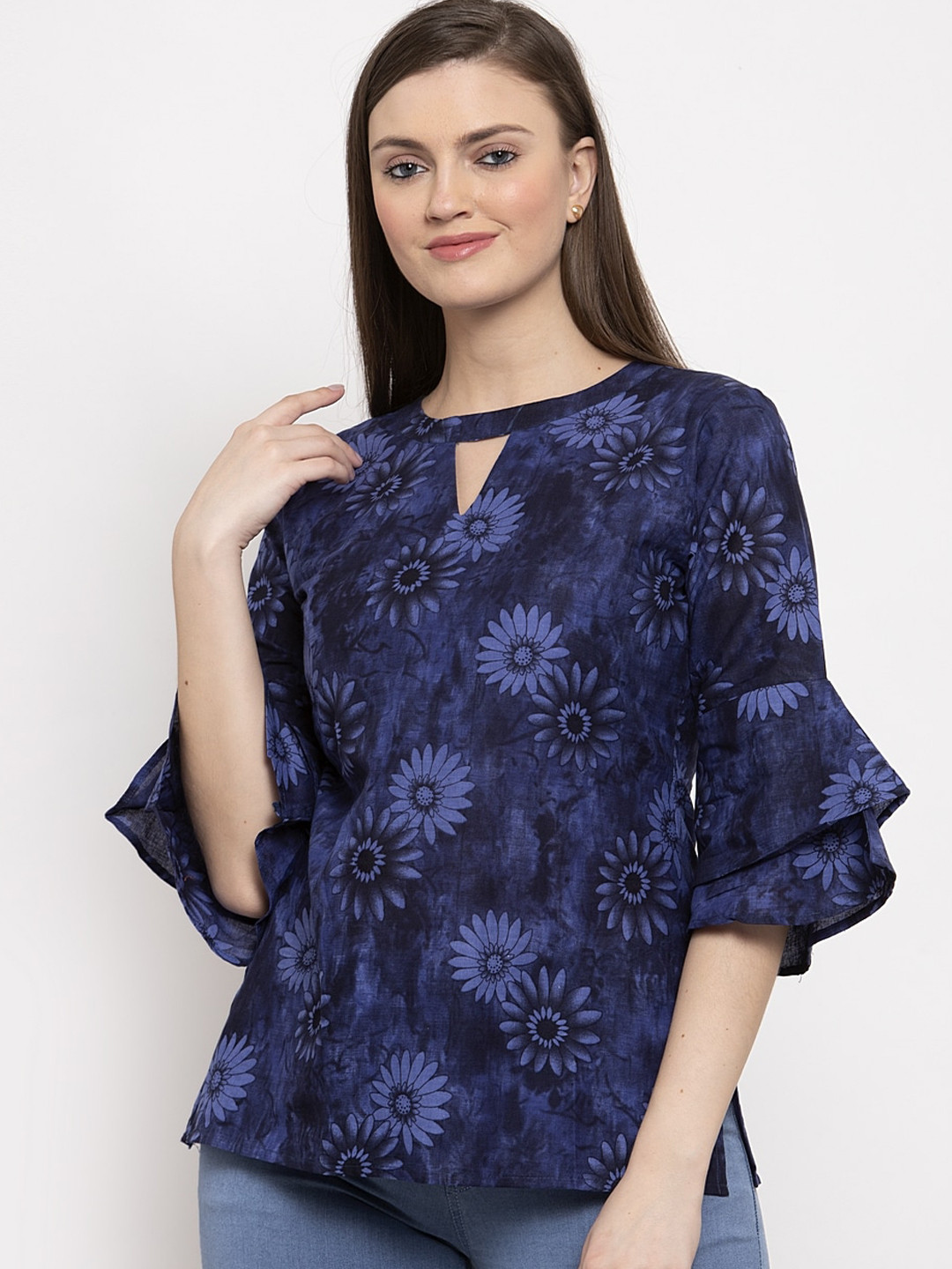 Indibelle Women Blue Printed A-Line Pure Cotton Top