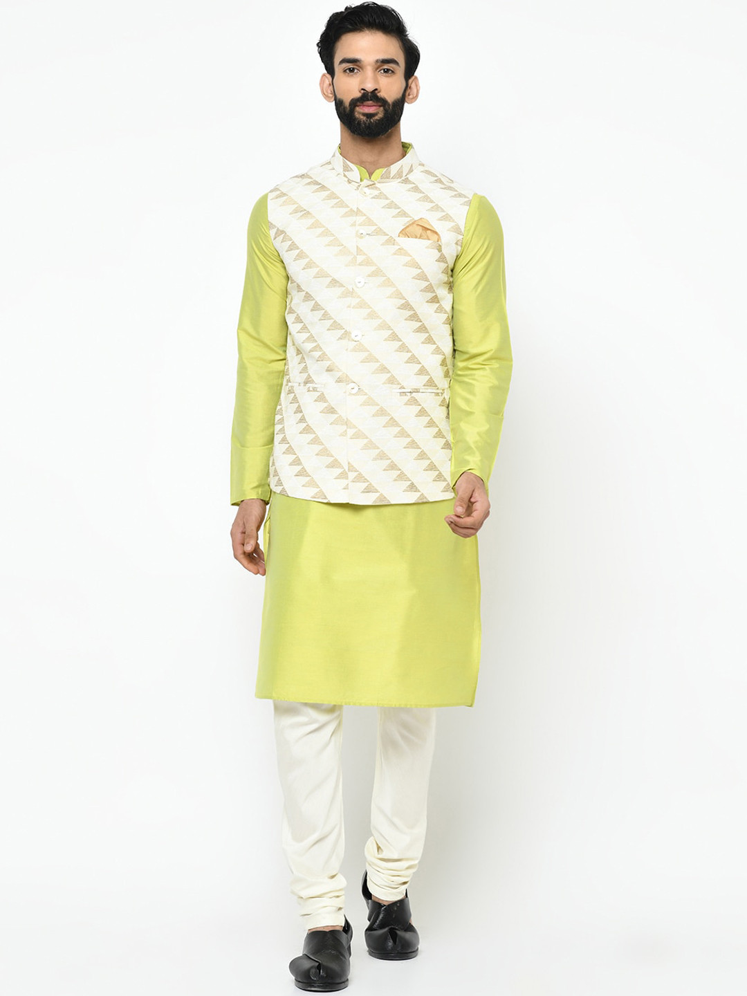 KISAH Men Cream-Coloured & Lime Green Solid Kurta with Churidar & Nehru Jacket