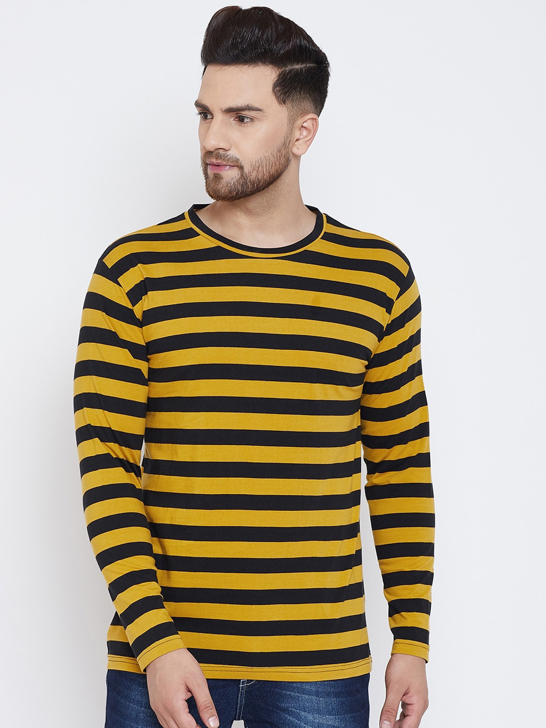 Hypernation Men Yellow Striped Round Neck T-shirt