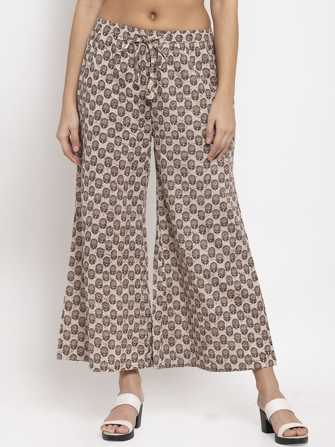 SOUNDARYA Women Cream & Brown Printed Flared Palazzos