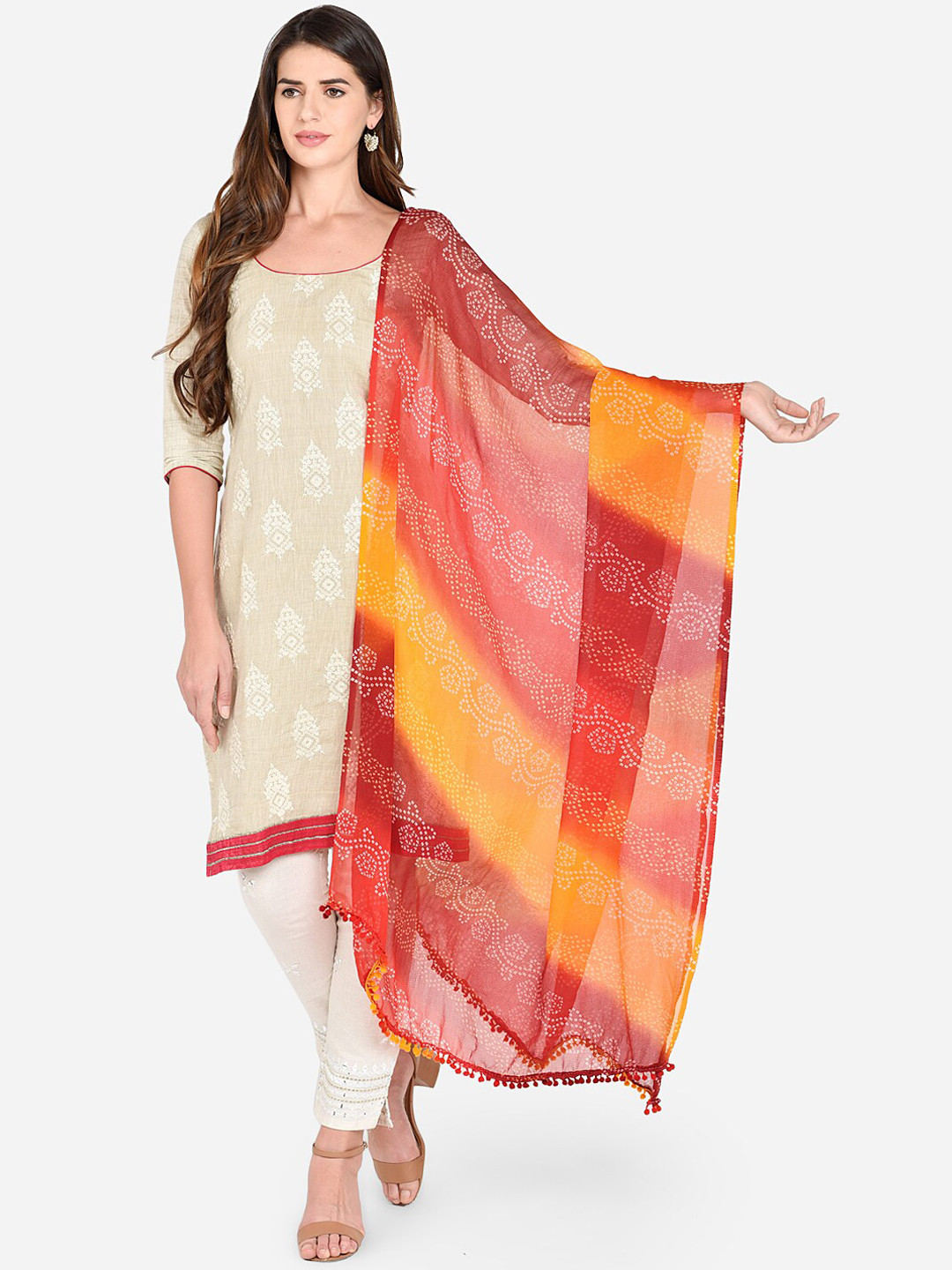 Dupatta Bazaar Red & Yellow Bandhini Printed Dupatta