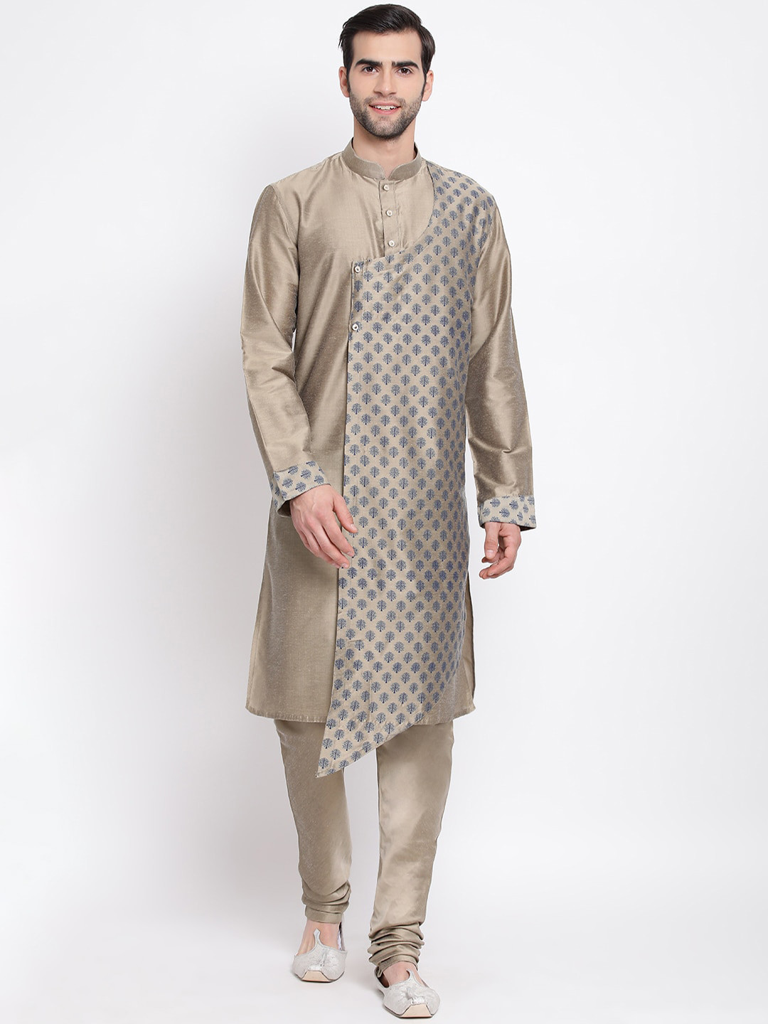 VASTRAMAY Men Beige Woven Design Kaftan Kurta