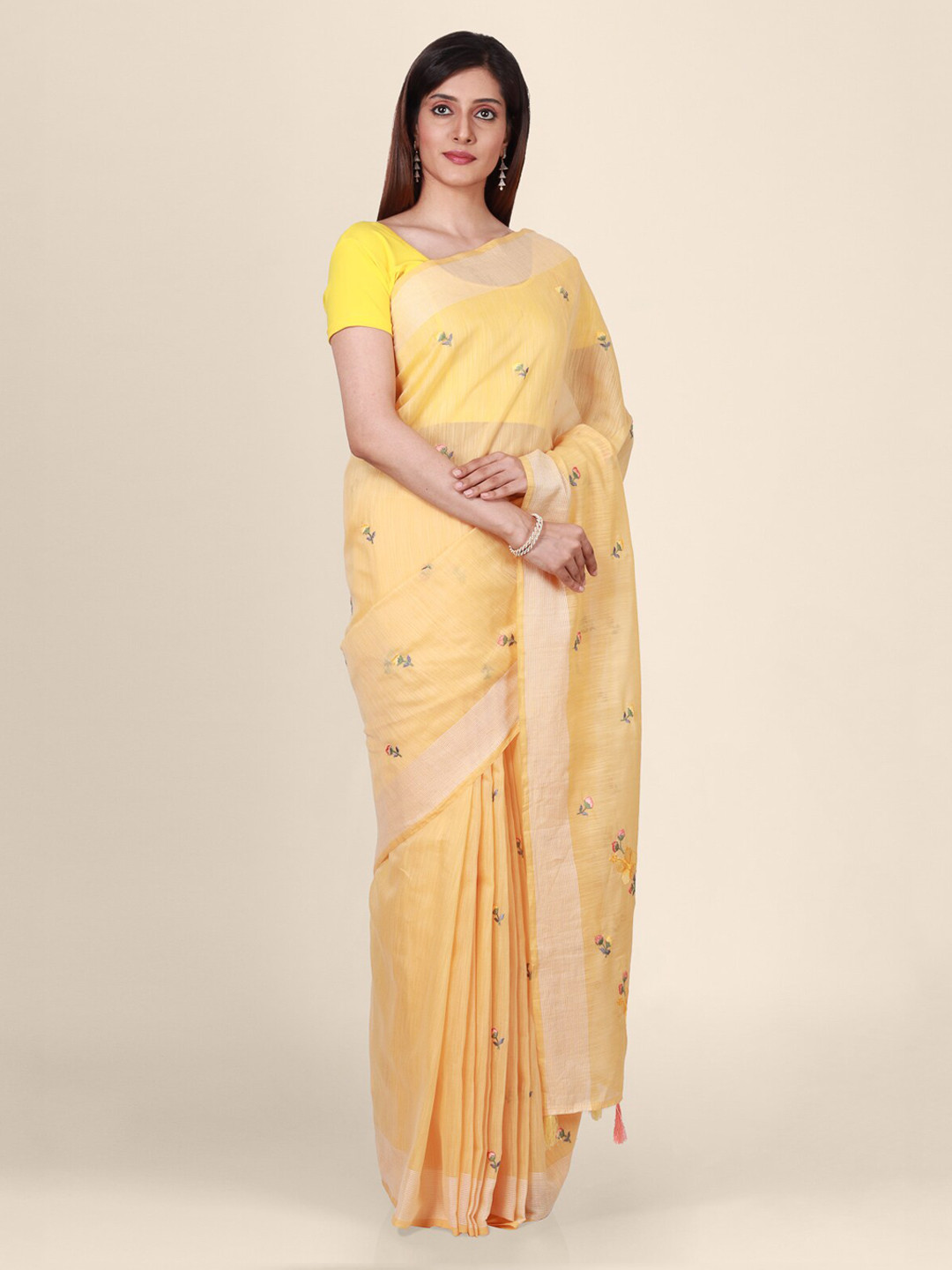 CLAI WORLD Yellow Checked Tissue Saree
