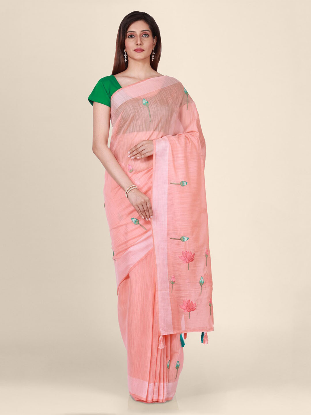 CLAI WORLD Pink Embroidered Tissue Saree