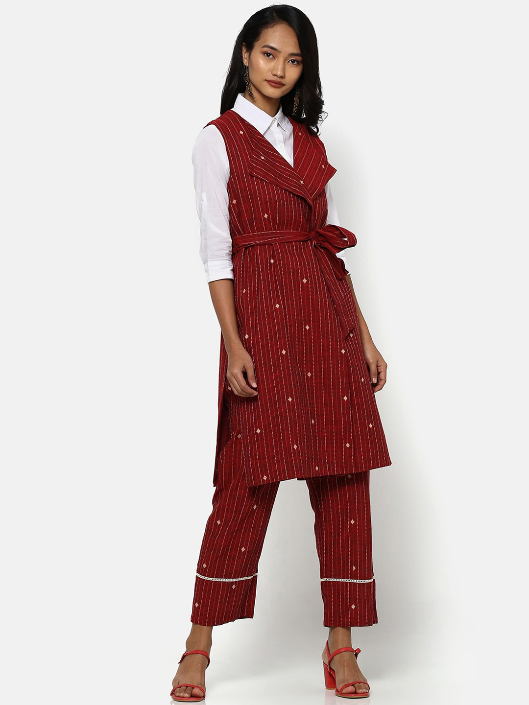 Saaki Women Maroon Striped Open Front Jacket