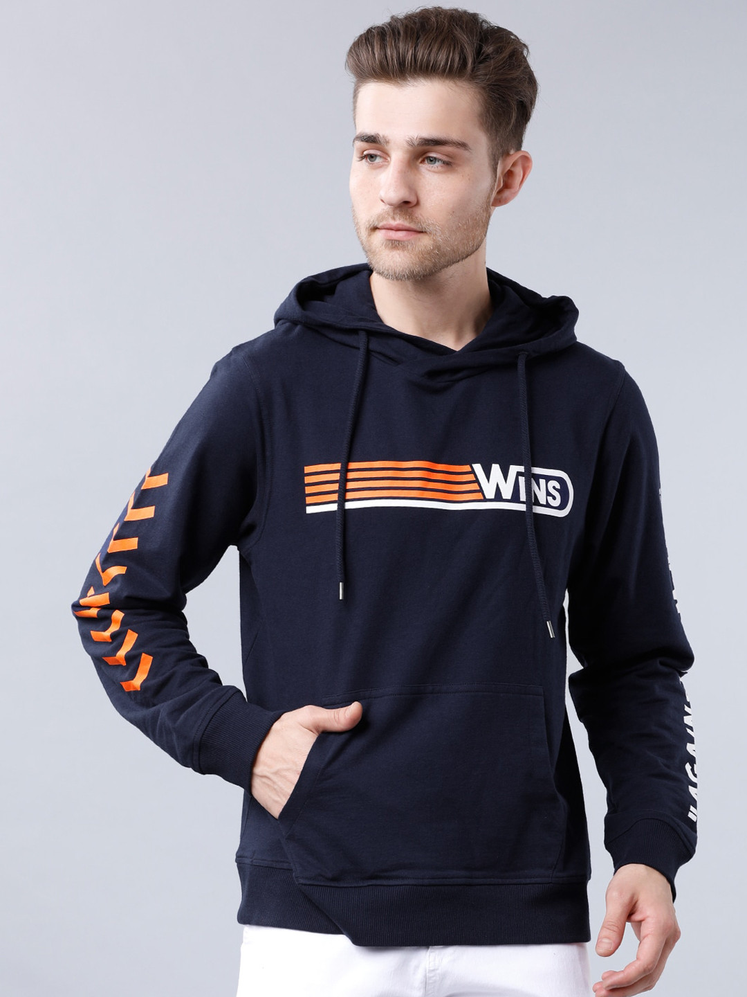 LOCOMOTIVE Men Navy Blue & Orange Printed Hooded Sweatshirt