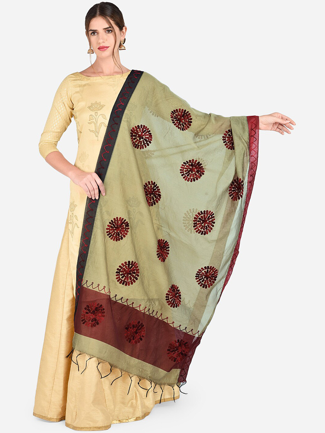 Dupatta Bazaar Gold-Toned & Maroon Chanderi Silk Embroidered Dupatta