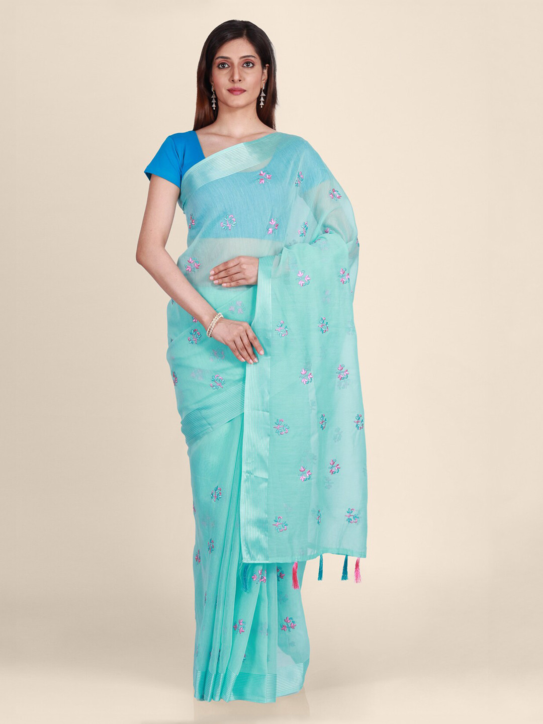 CLAI WORLD Blue Embroidered Tissue Saree