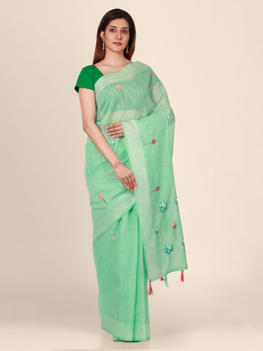 CLAI WORLD Green Printed Handloom Tissue Saree