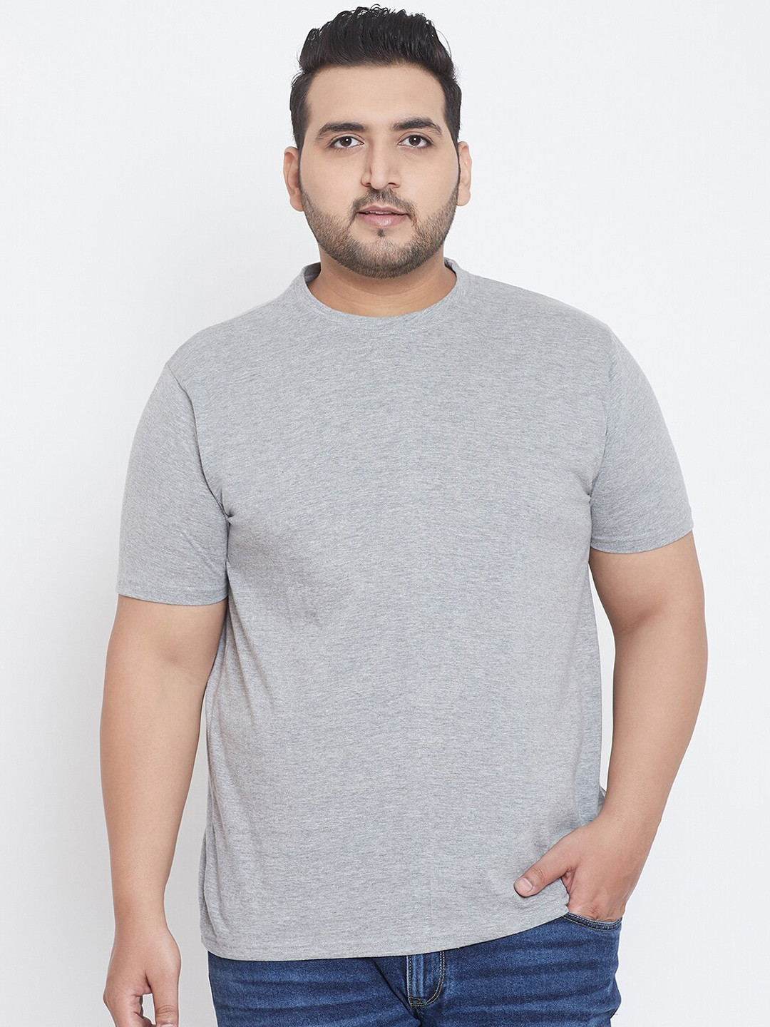 bigbanana Men Plus Size Grey Printed Round Neck T-shirt