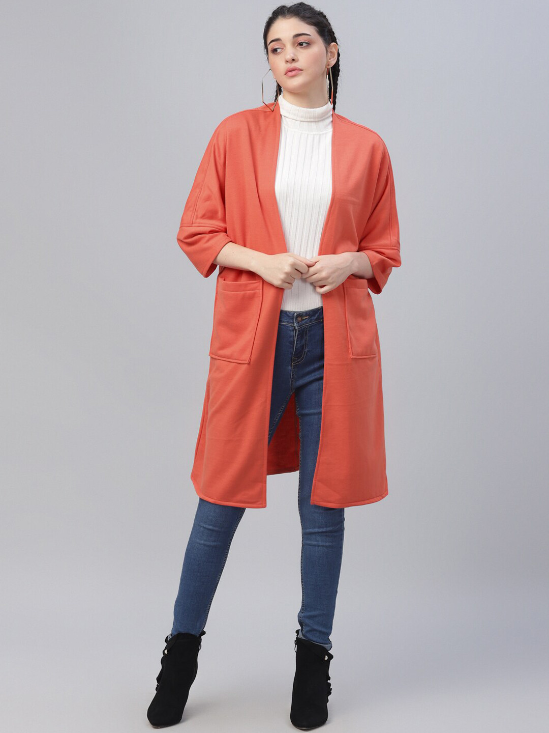 Athena Women Orange Solid Open Front Shrug