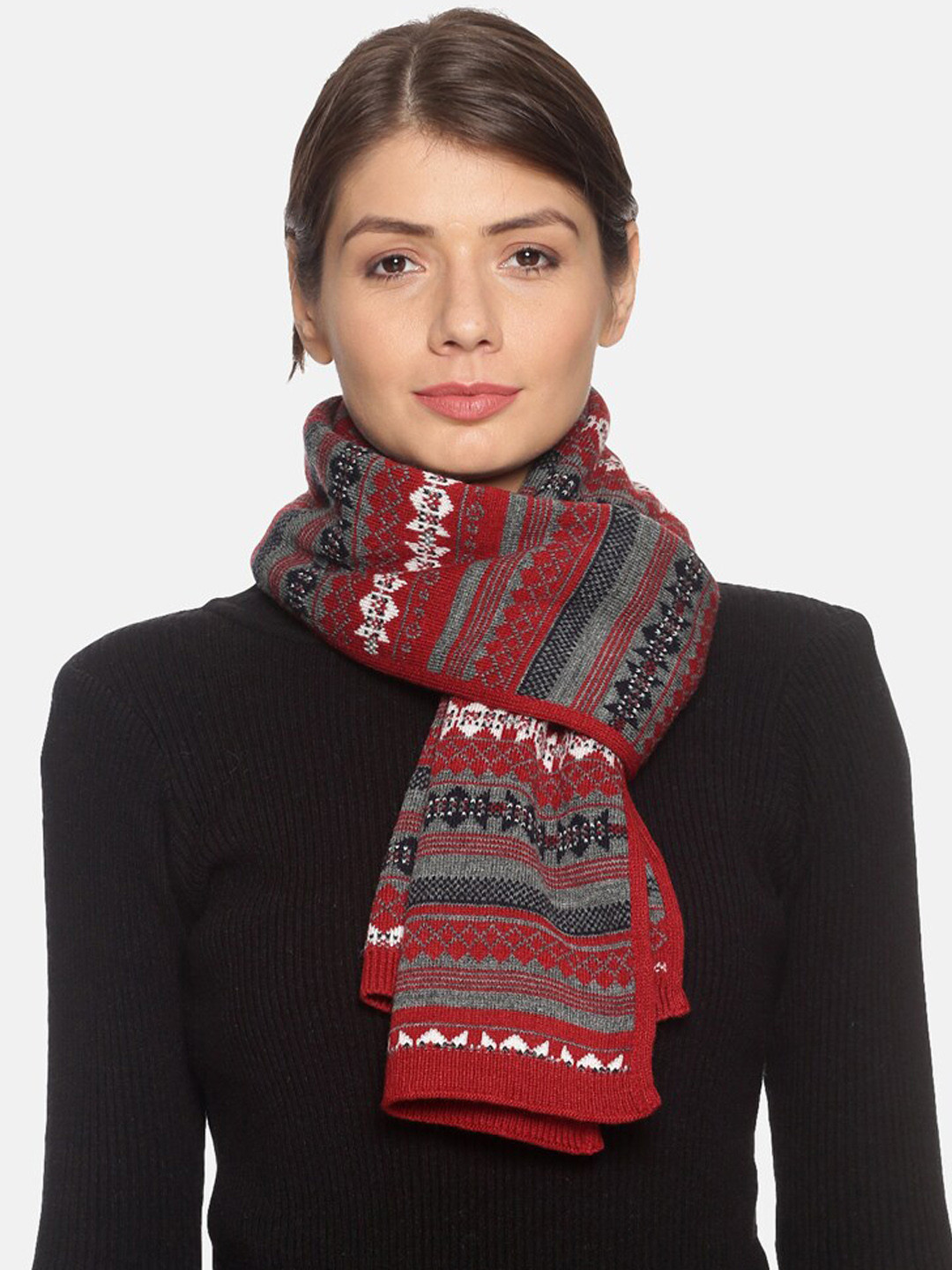 513 Women Red & Grey Printed Acrylic Knit Muffler