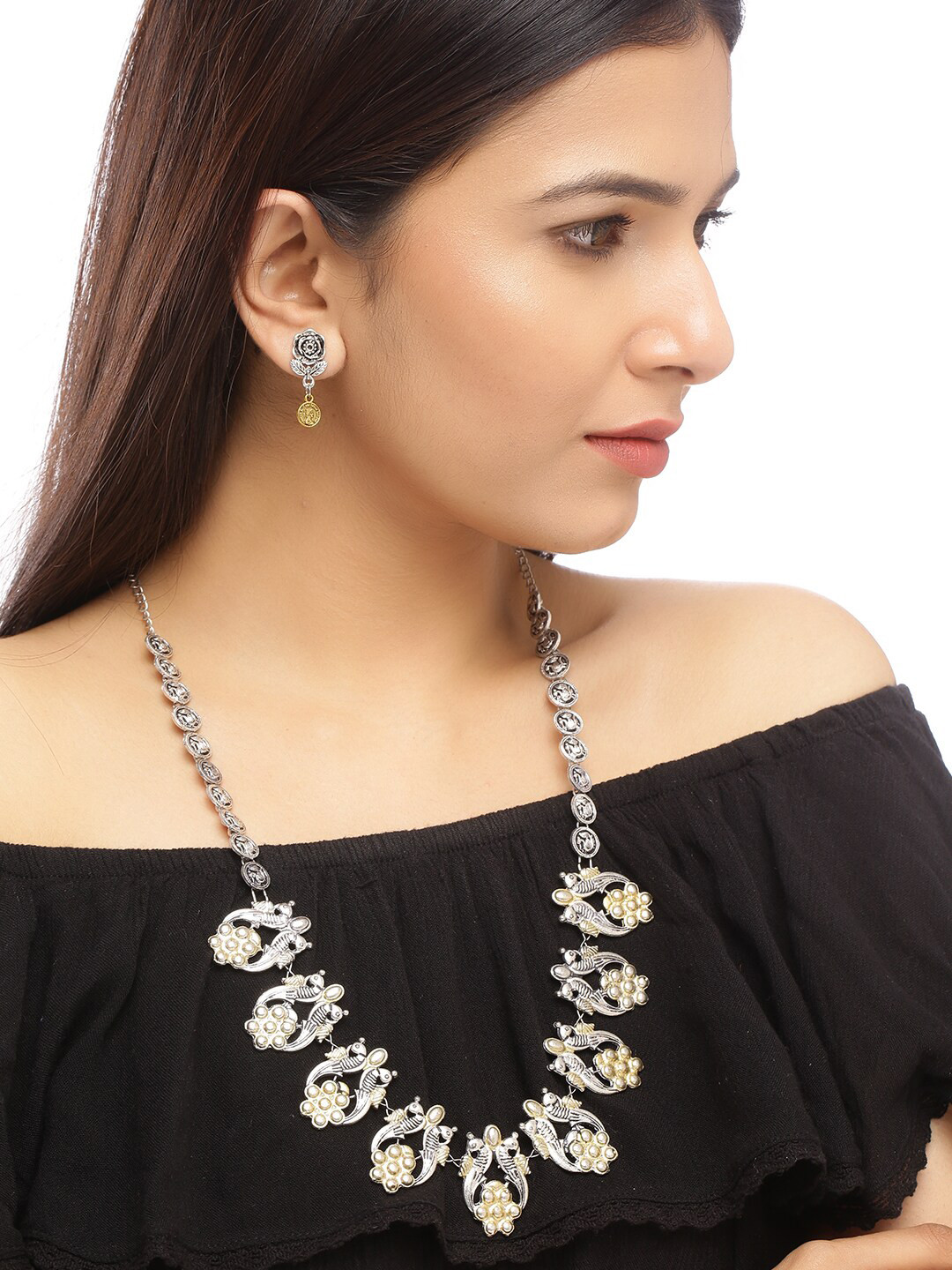 Traditional Silver & Gold Tone Rose Ethnic Long Necklace With Earrings For Women & Girls
