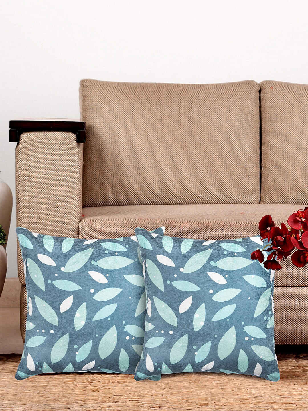 HOSTA HOMES Soft Multicoloured Leaf Velvet Durable 2 Piece Square Cushion Covers -24x24In