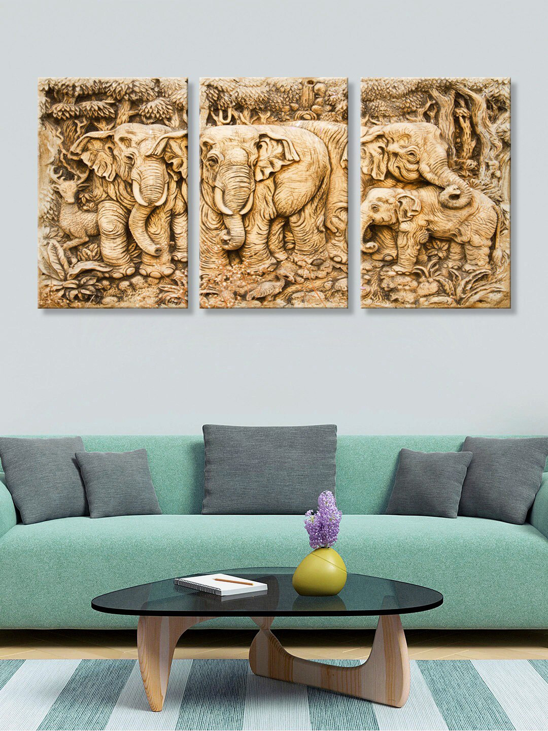 999Store Set Of 3 Brown Printed Elephants & Deer Canvas Wall Painting