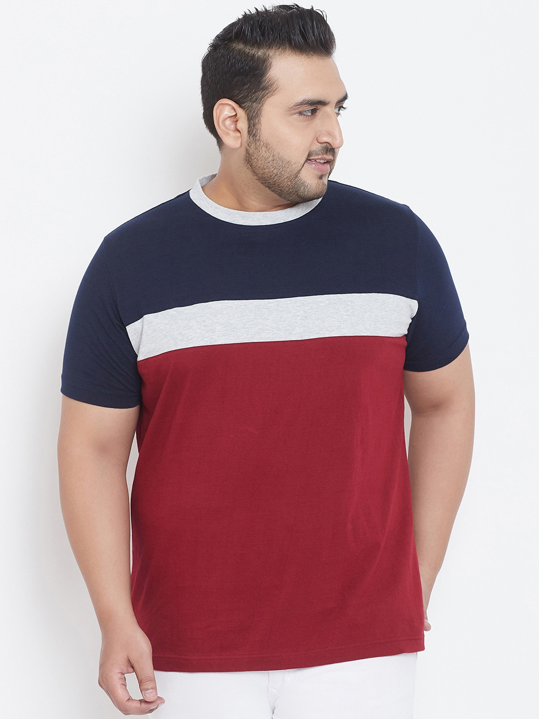 bigbanana Men Plus Size Maroon Colourblocked Round Neck T-shirt