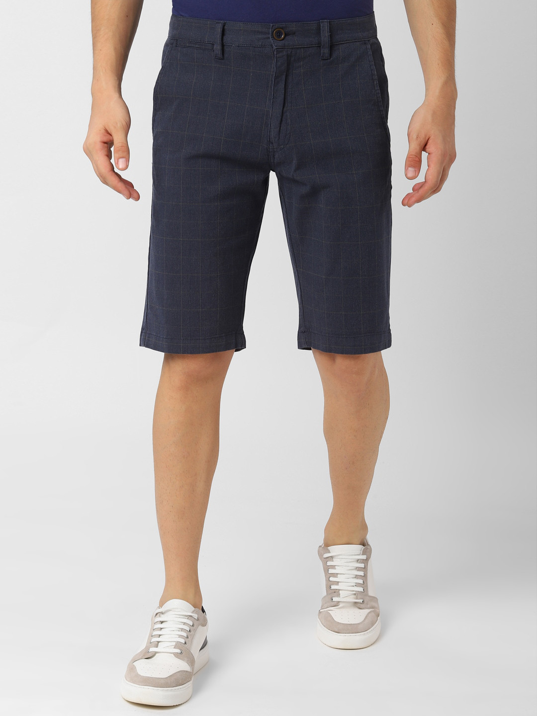 Peter England Casuals Men Navy Blue Checked Regular Fit Shorts