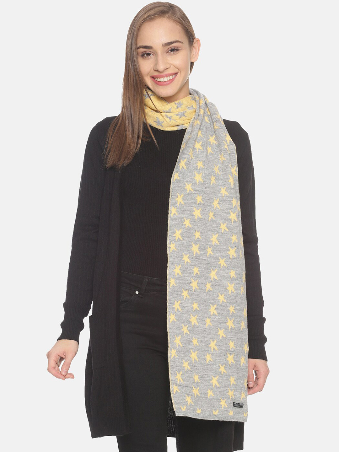 513 Women Grey & Yellow Printed Muffler