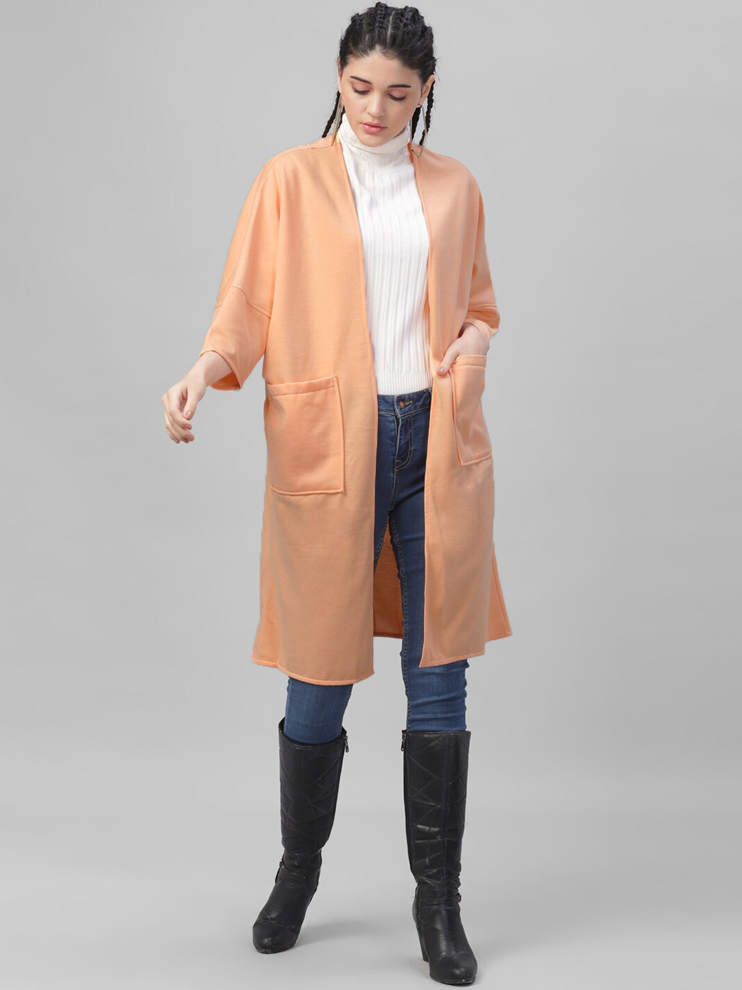 Athena Women Peach-Coloured Solid Open Front Longline Shrug