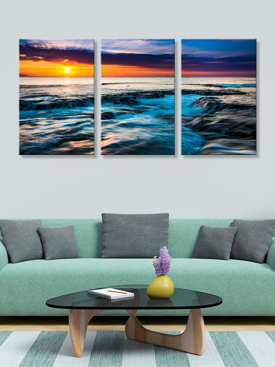 999Store Set of 3 Blue & Orange Beach with Sunset Canvas Painting Wall Art