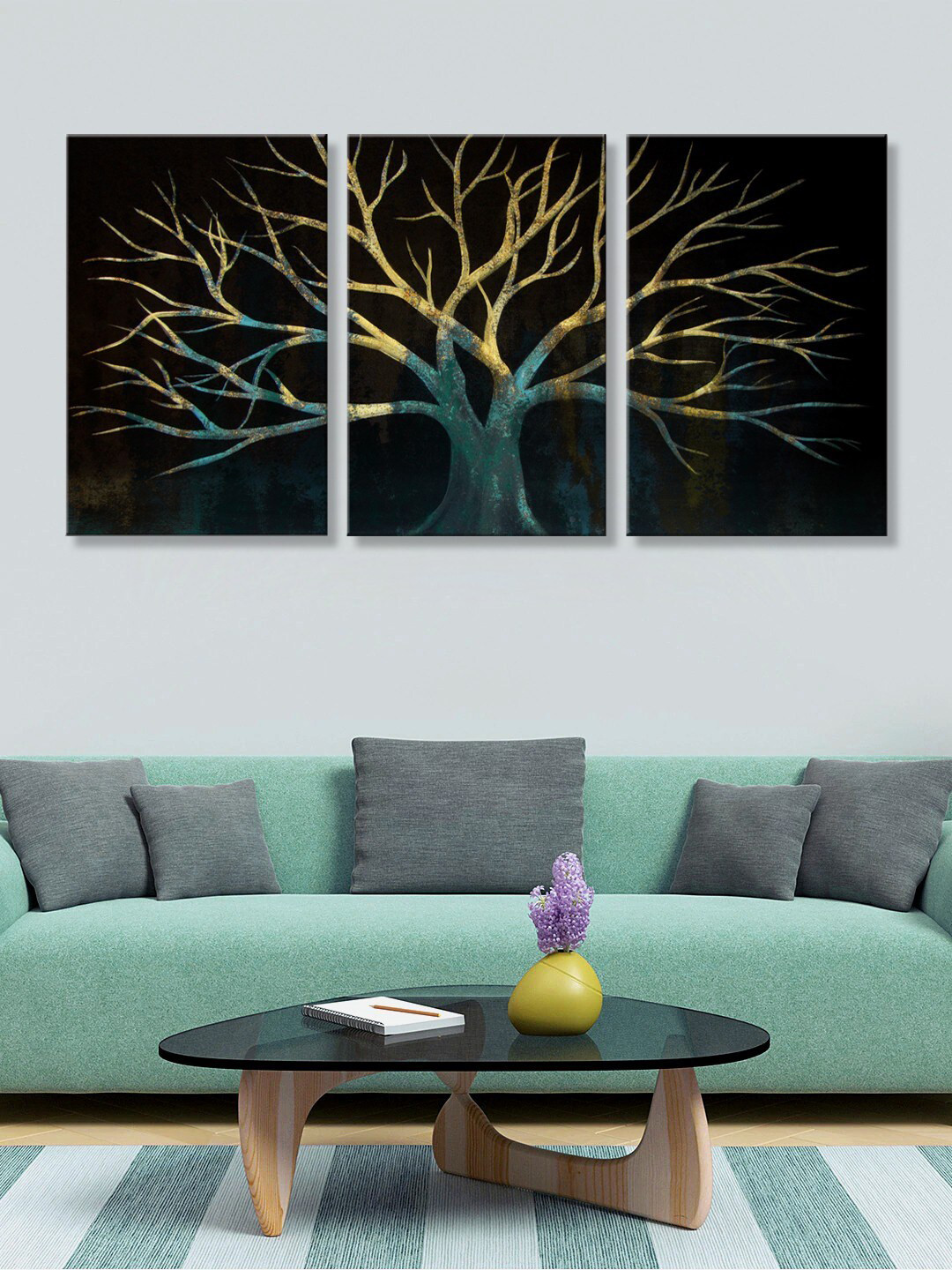 999Store Set Of 3 Black & Yellow Printed Tree Art Panels Wall Painting