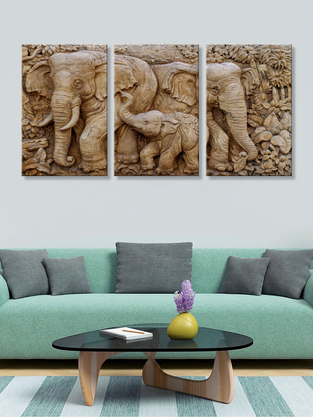 999Store Set of 3 Brown & Beige Elephant Painting Wall Art