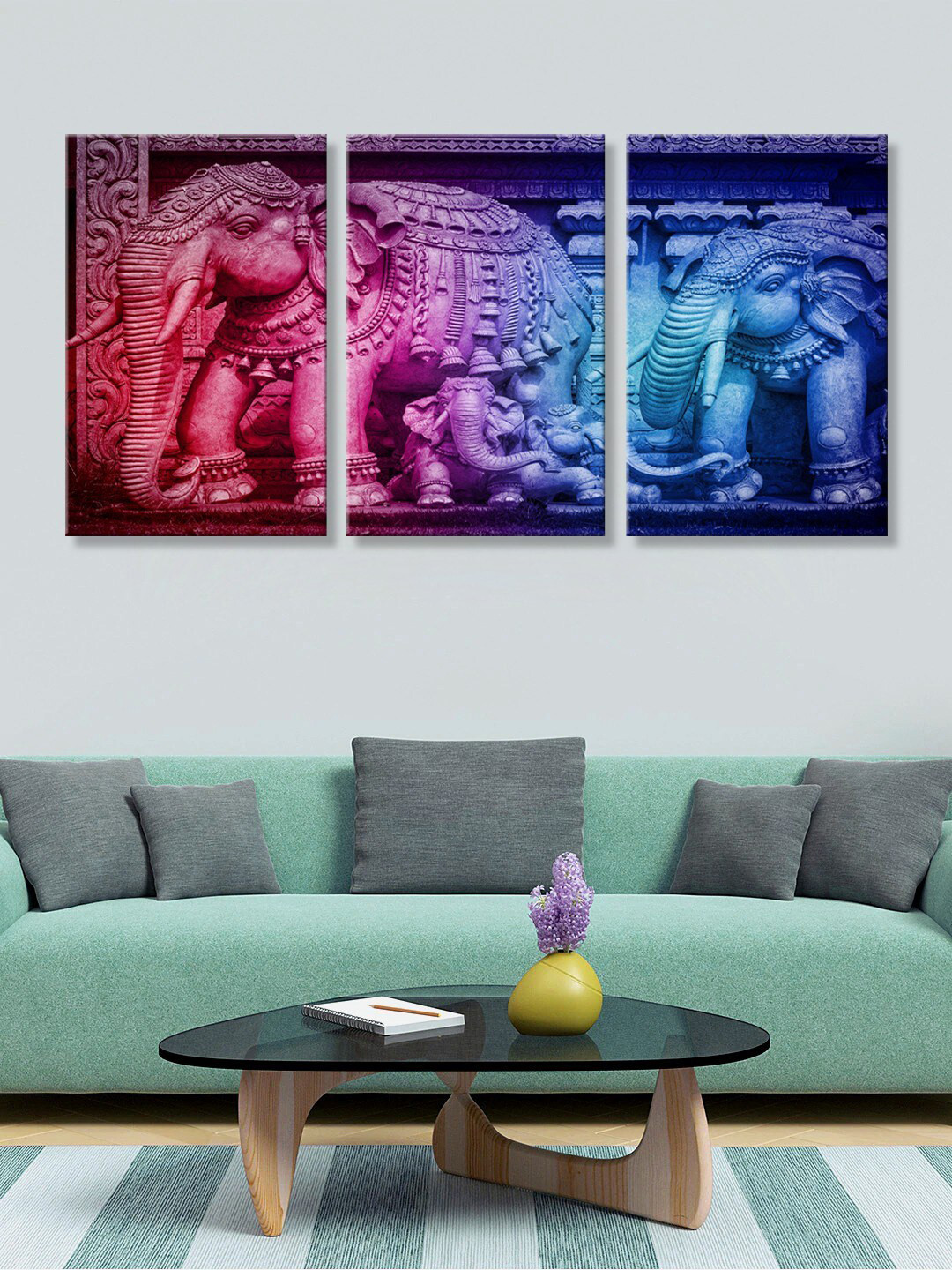 999Store Set of 3 Red & Blue Elephants Canvas Painting Wall Art