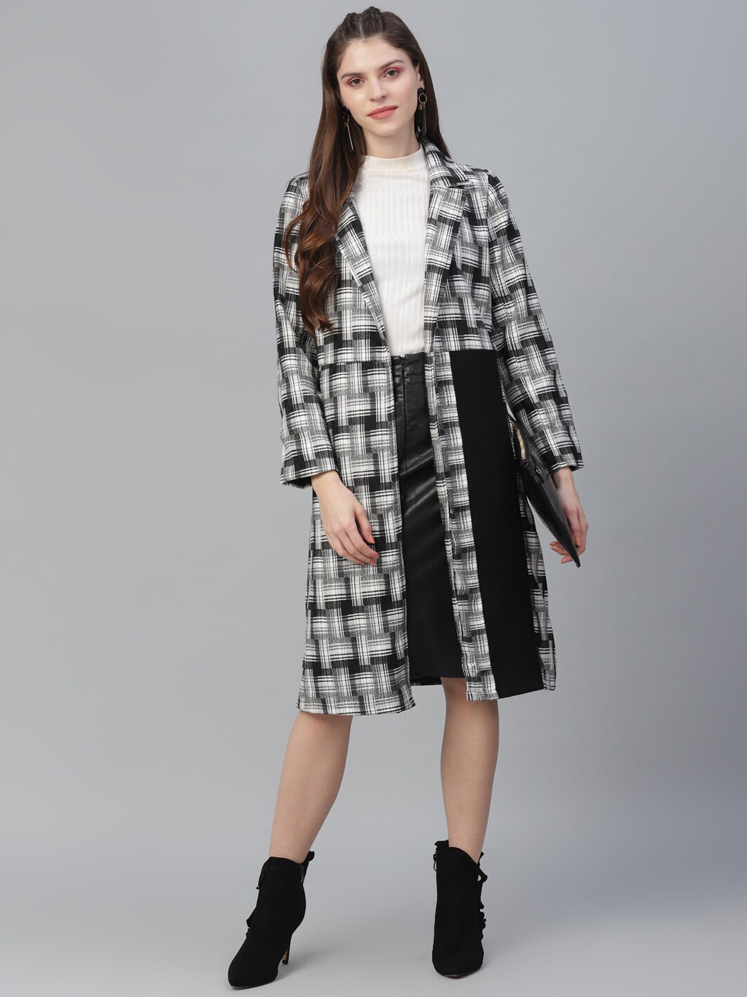 Athena Women Black &White Checked Woolen Longline Overcoat