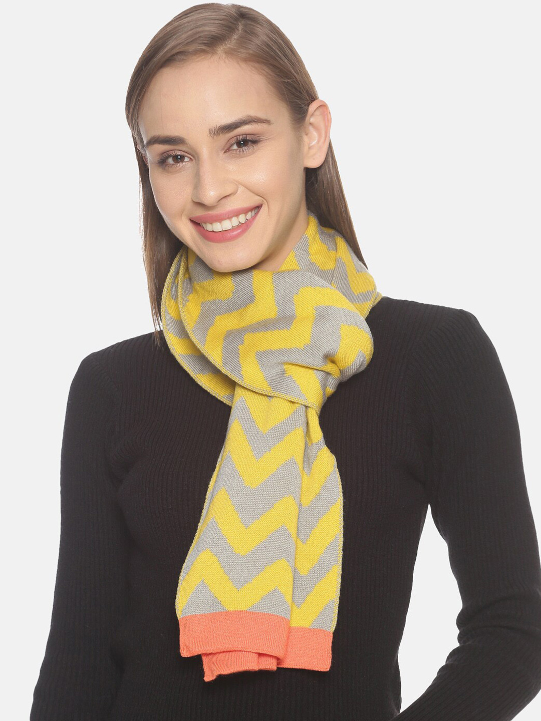 513 Women Yellow & Grey Chevron Print Muffler