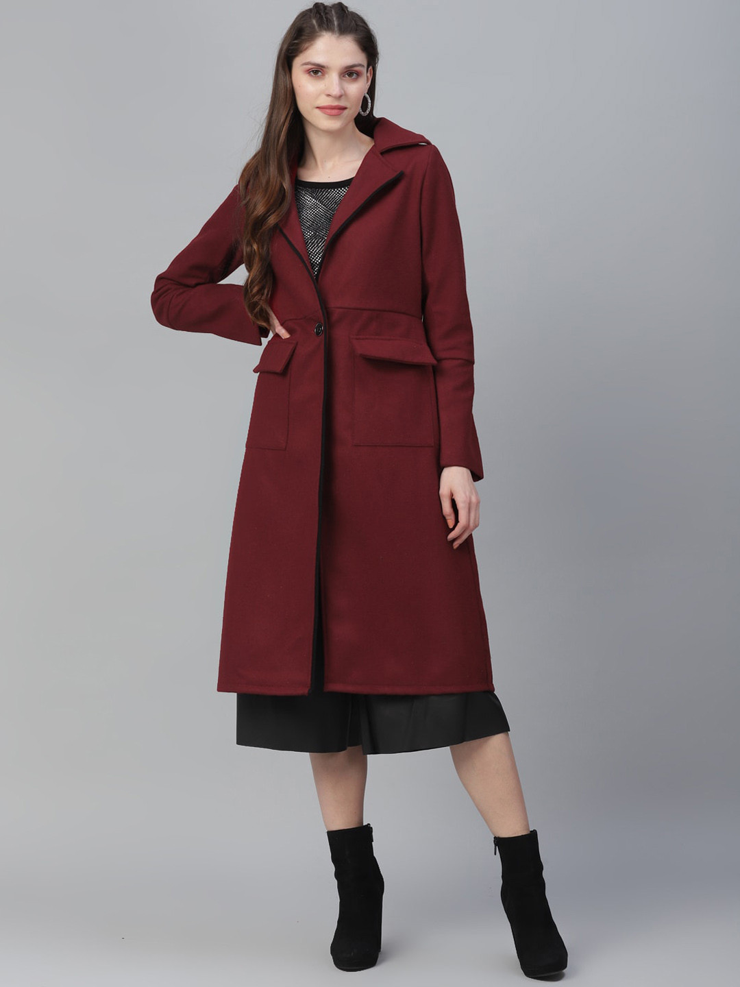 Athena Women Burgundy Solid Woolen Longline Overcoat