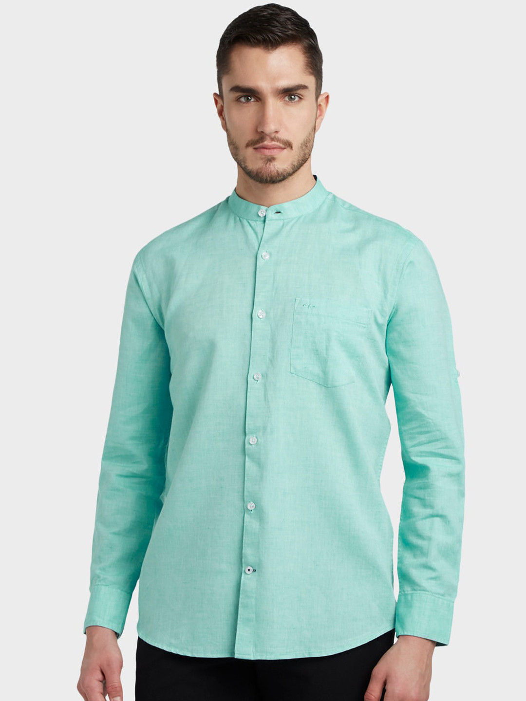 ColorPlus Men Green Tailored Fit Solid Casual Shirt