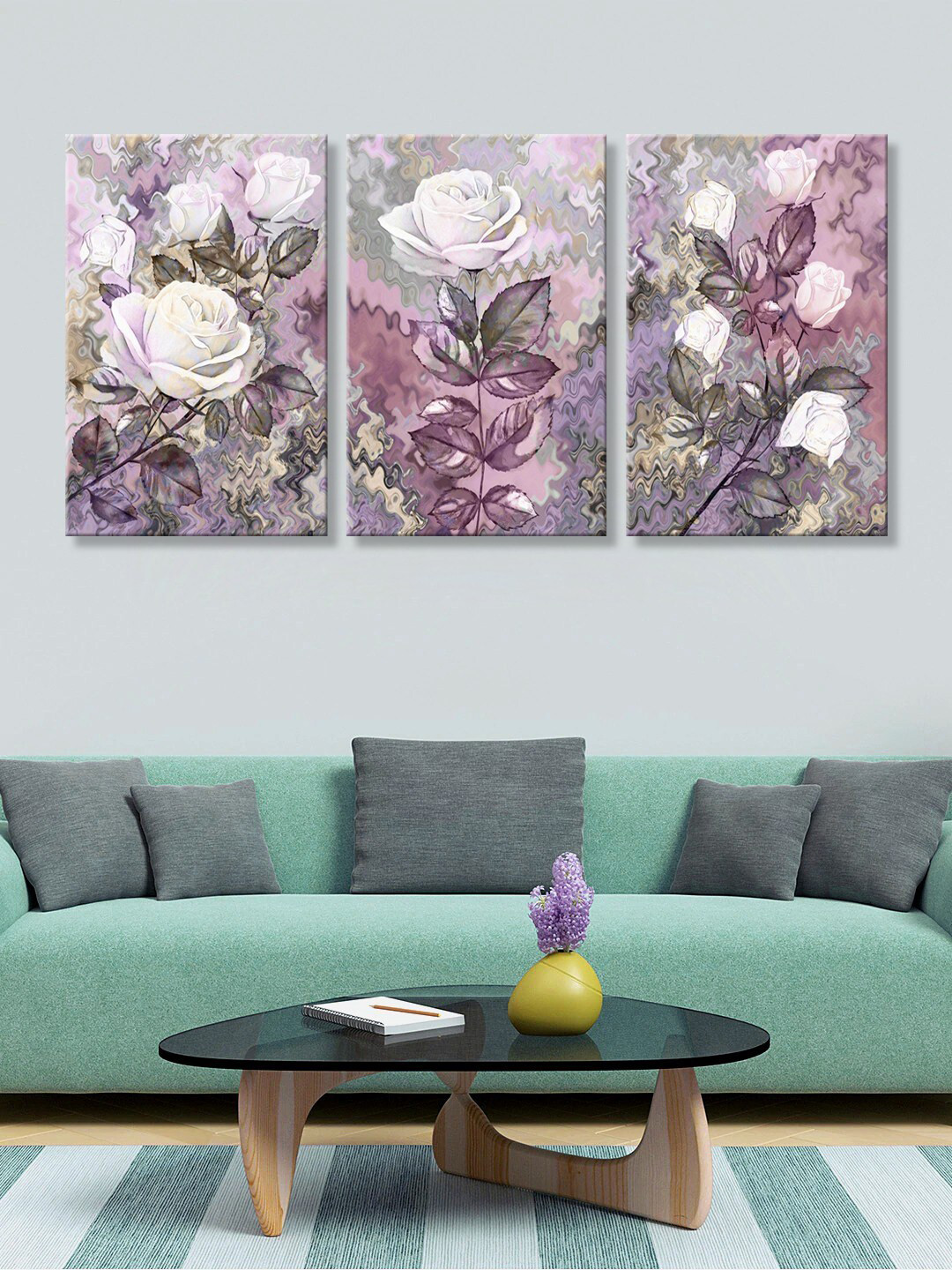 999Store Set of 3 Purple & White Roses HD Canvas Wall Paintings