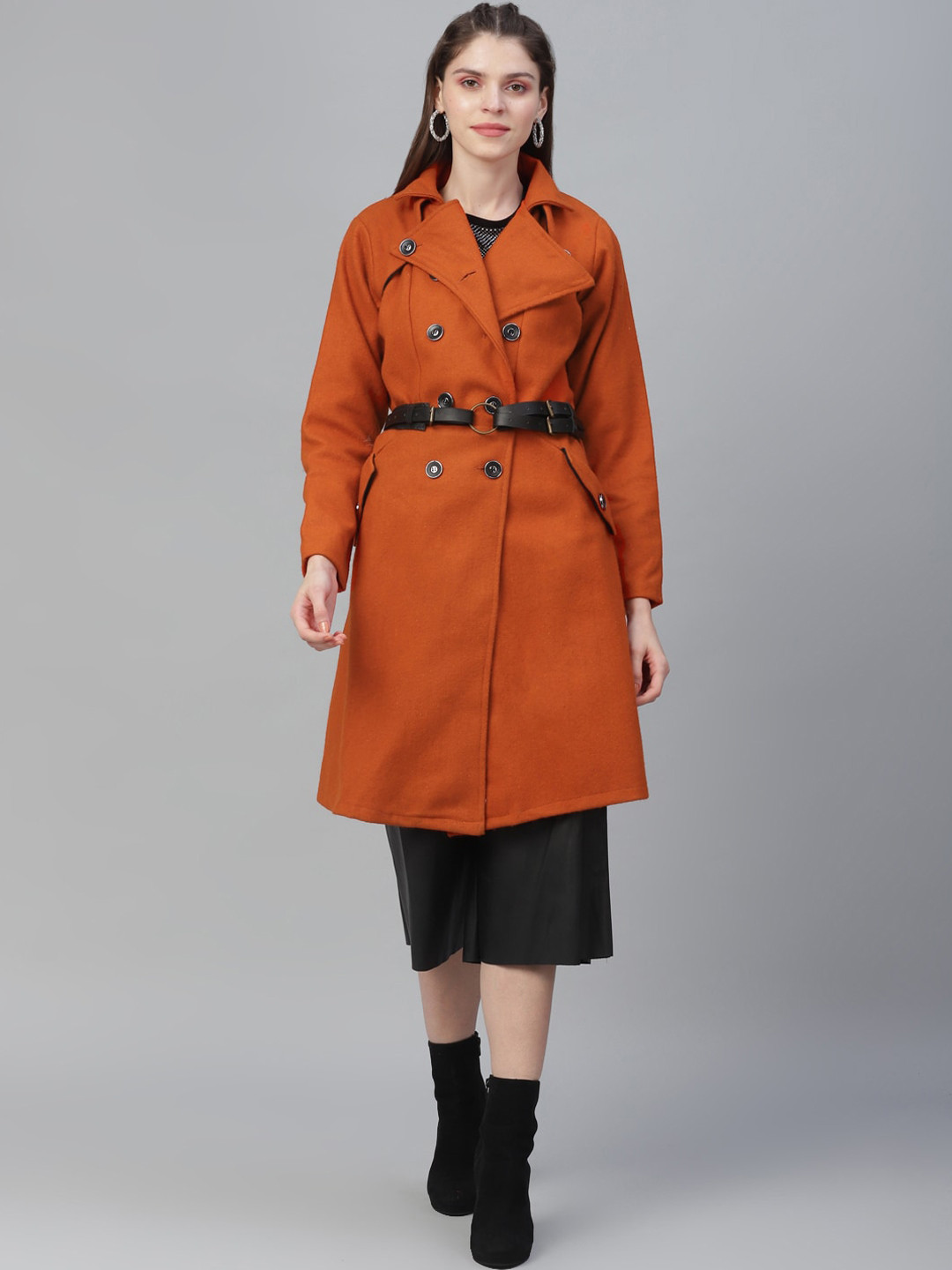 Athena Women Orange Solid Woollen Solid Overcoat