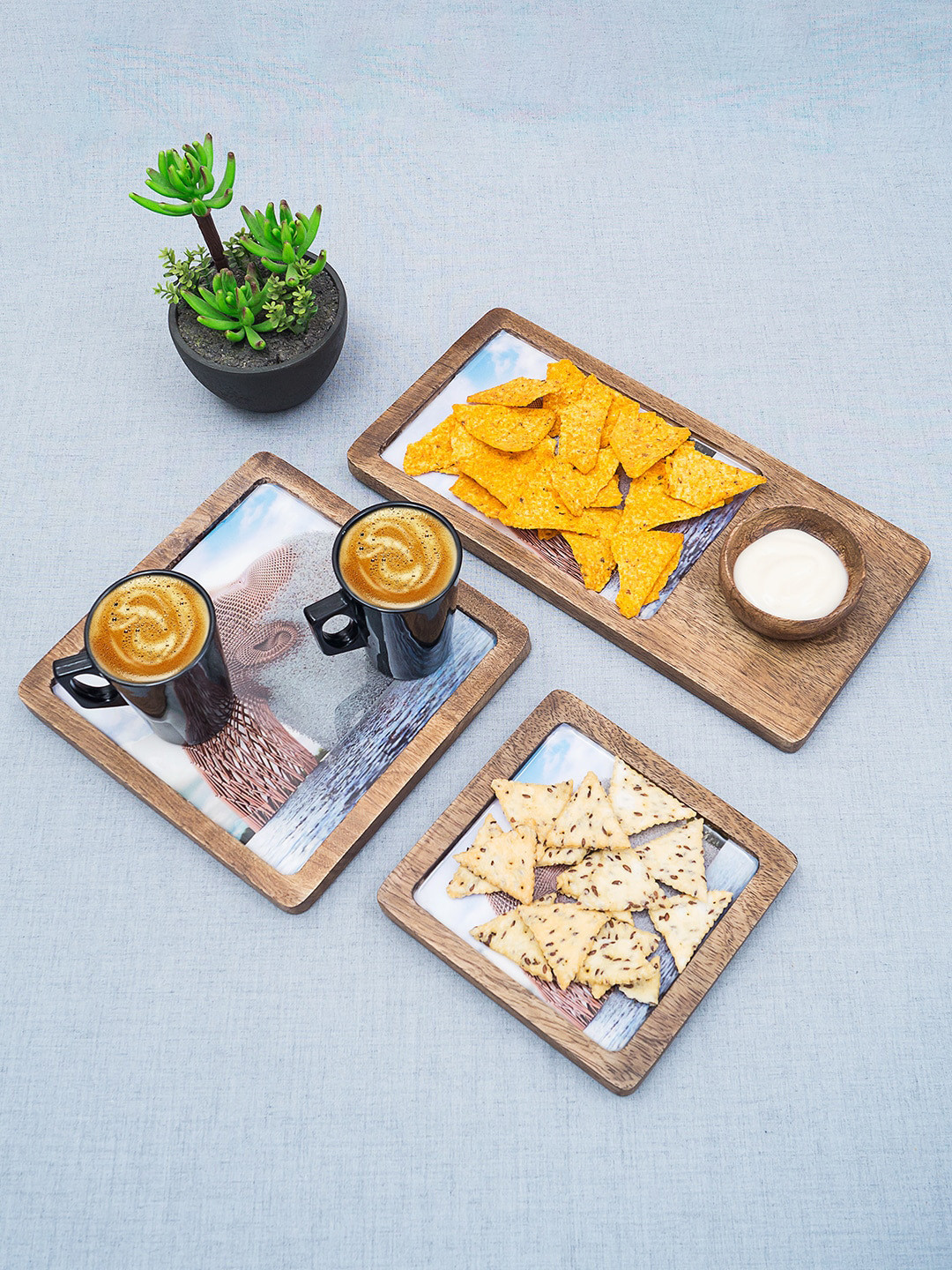 Golden Peacock Set Of 3 Brown & Blue Printed Wooden Trays With Bowl