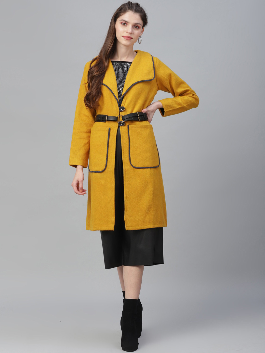 Athena Women Mustard Yellow Solid Woolen Longline Overcoat