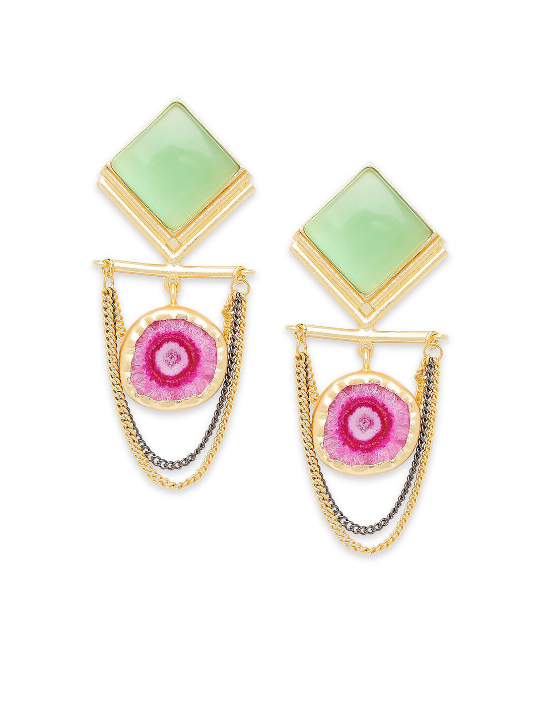 Moon Dust Gold-Plated& Green Geometric Drop Earrings