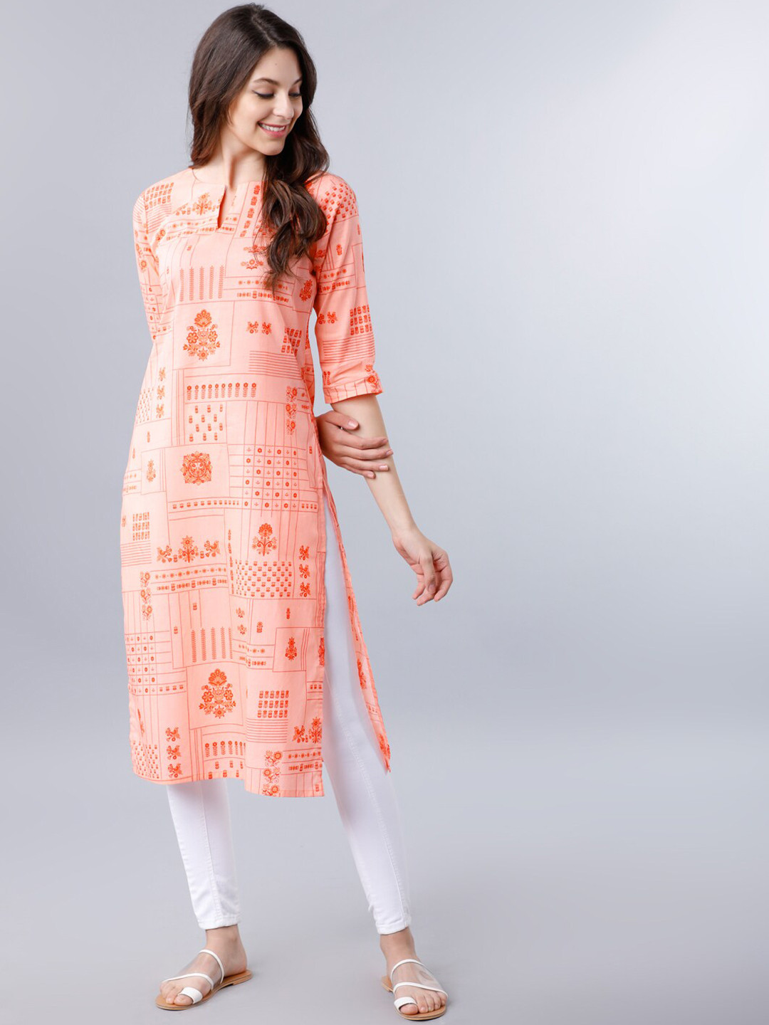 Vishudh Women Peach-Coloured Printed Straight Kurta