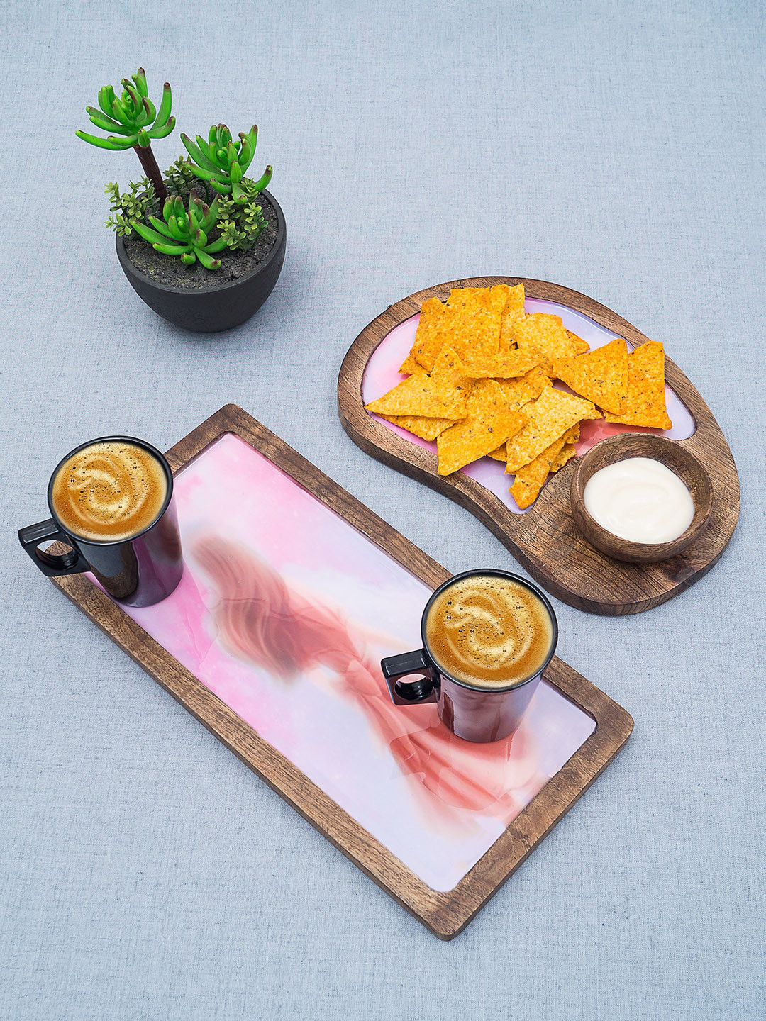Golden Peacock Set Of 2 Brown & Orange Printed Wooden Trays With Bowl