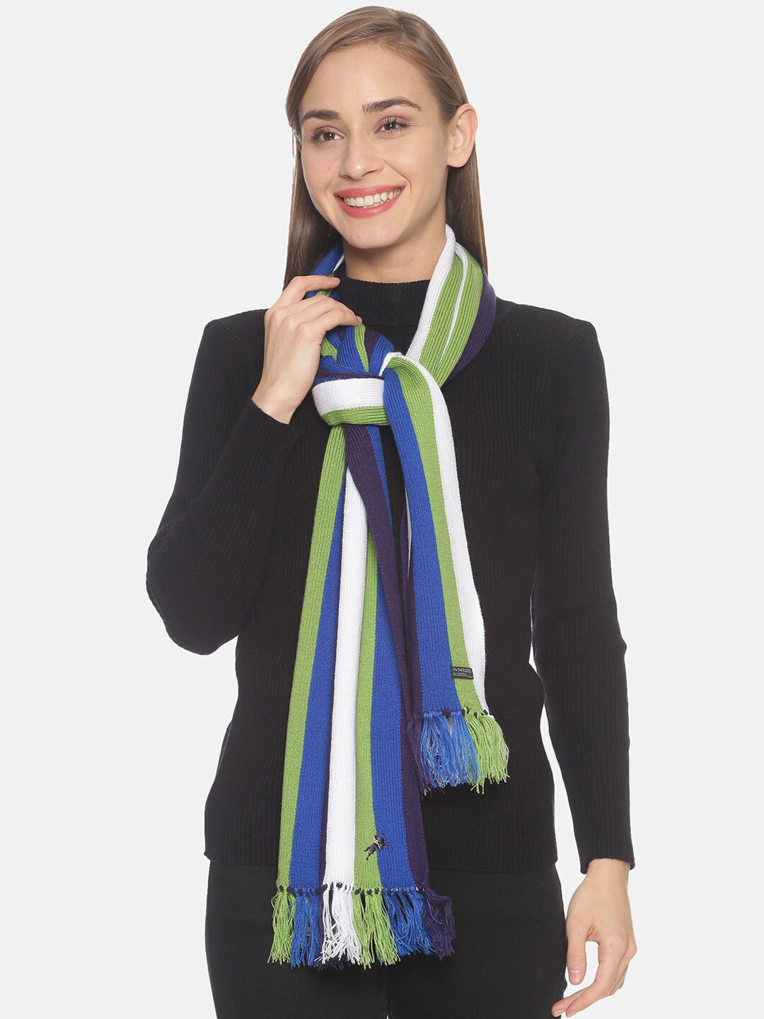 513 Women Green & Navy Blue Striped Muffler
