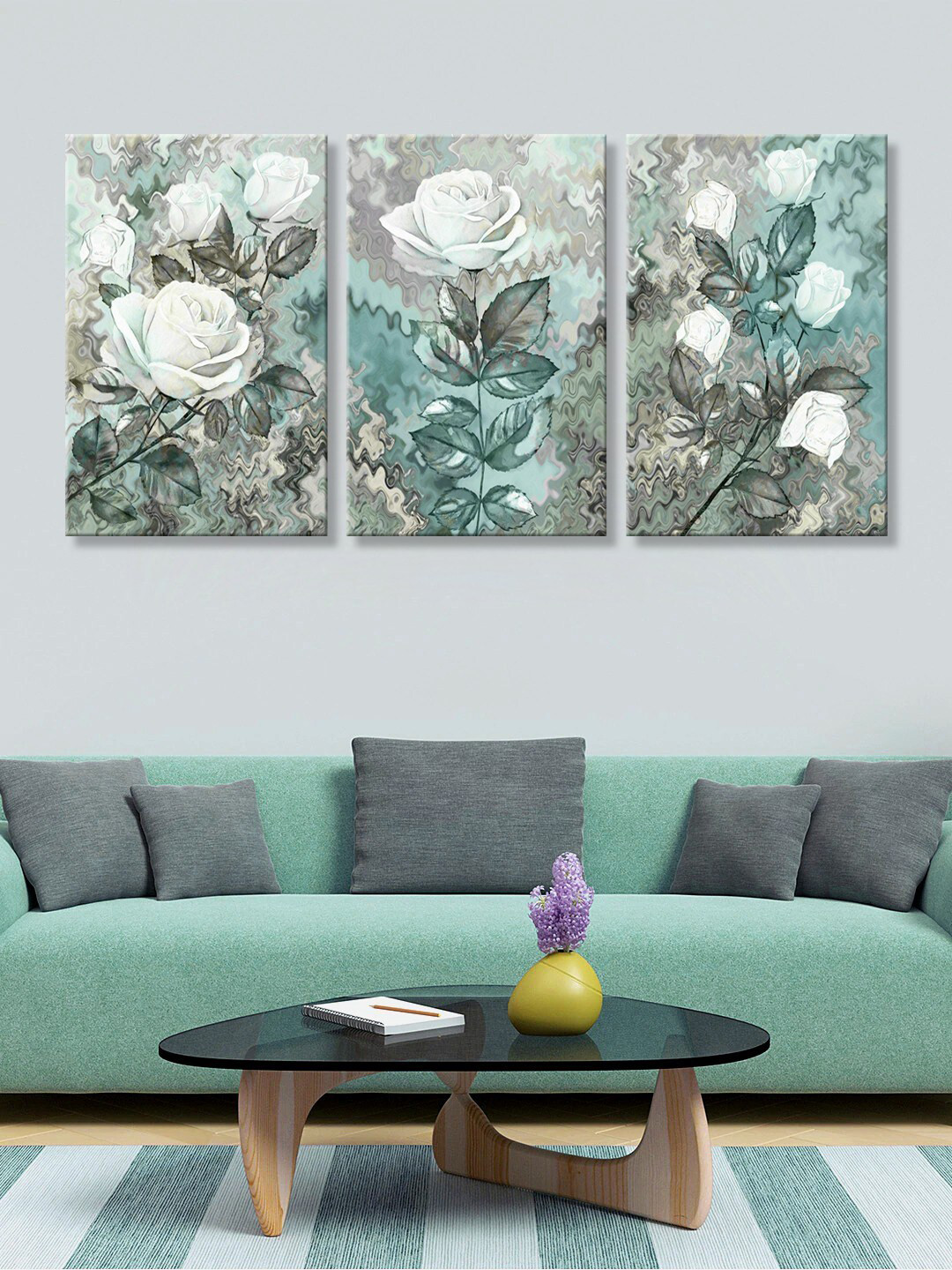 999Store Set Of 3 Green & Grey Roses Printed Canvas Wall Art