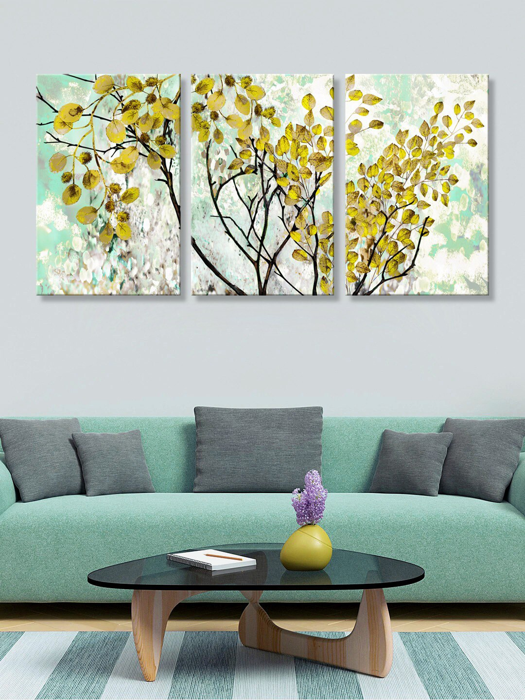 999Store Set of 3 Green & Yellow Trees Canvas Painting Wall Art
