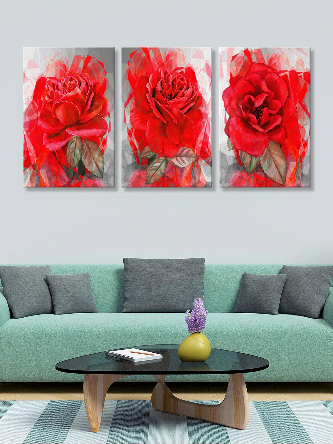 999Store 3 Piece Red Roses Printed Portrait Rectangle Paintings Wall Art-53.9 x 11.8In