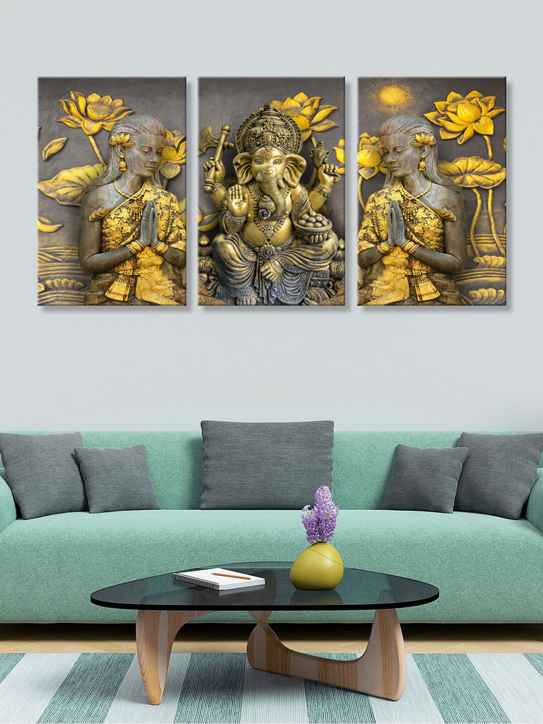 999Store Set of 3 Gold-Toned & Grey Lord Ganesha HD Canvas Wall Paintings