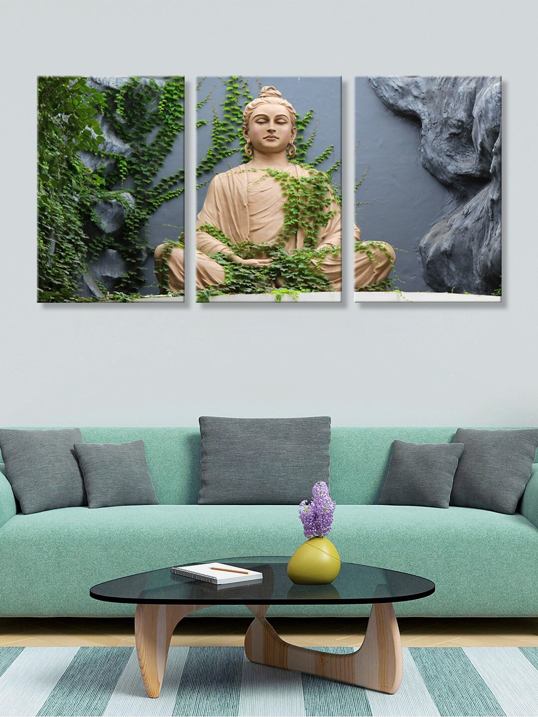 999Store Set of 3 Grey & Brown Lord Buddha Canvas Wall Art